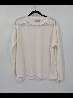Zenana White Ribbed-Knit Pullover Sweater Crew Neck Long Sleeve S/M Women